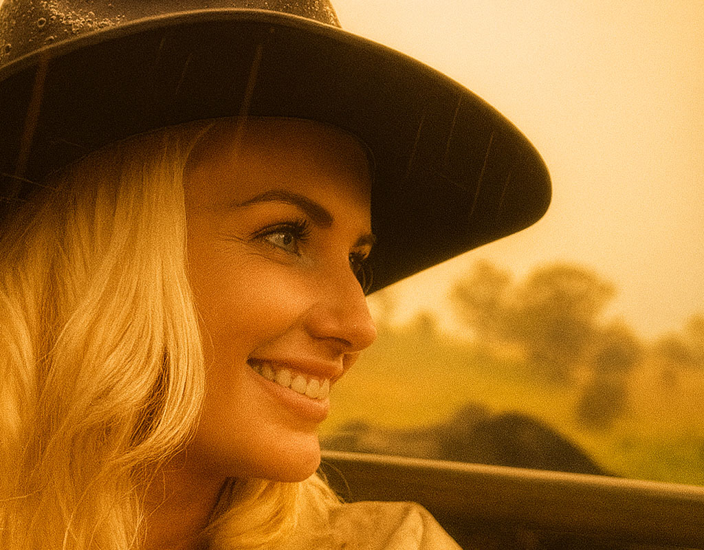 Farmer stands in the rain, smiling, with an akubra hat on